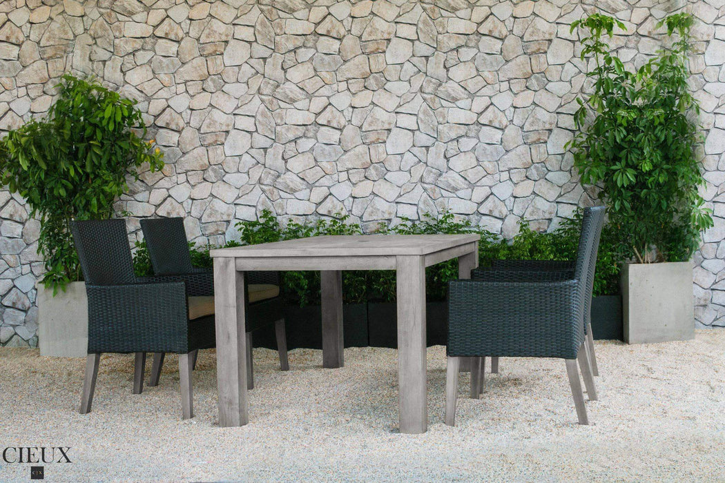 Champagne Weathered Teak Table With Four Dark Chocolate Wicker