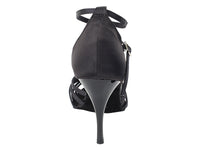 Very Fine 2613LEDSS Black Satin Latin Shoe with 3.5 Inch Stiletto Black Plated Heel and Woven Toe Straps