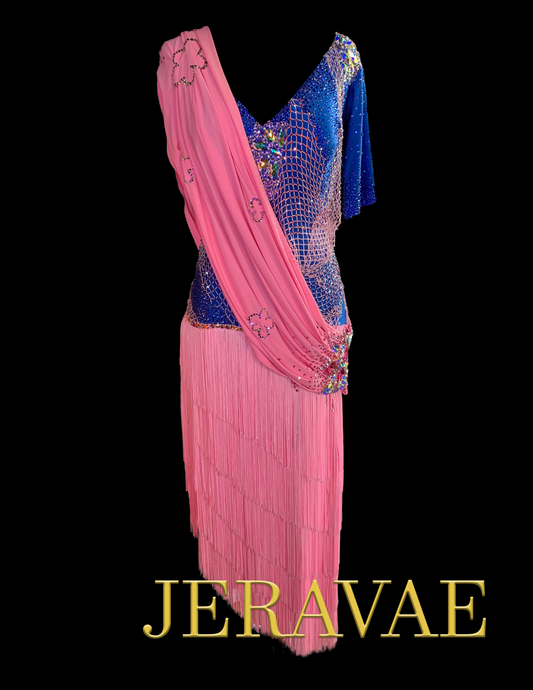 Pink Latin Dress with Blue Fringe Tassels on Skirt, Mesh Insert with C –  Jeravae