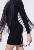 Black Latin or Rhythm Practice Dress with One Sleeve and Long Fringe Starting at Top Seam Pra366