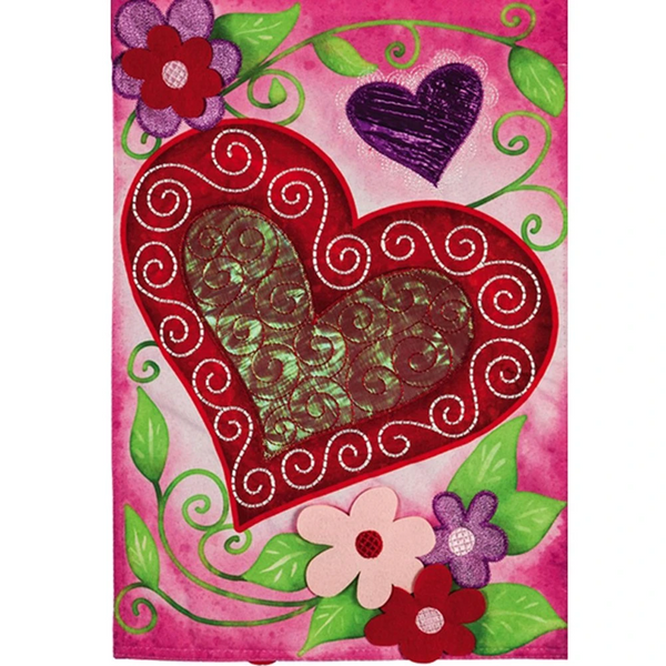 Valentine's Heart Quilled Look Linen Garden Flag