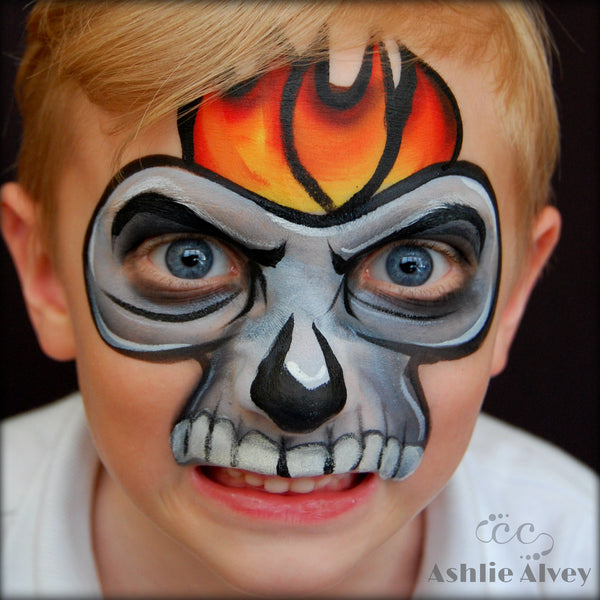 One Stroke Flaming Skull Mask by Artist Ashlie Alvey - Facepaint.com