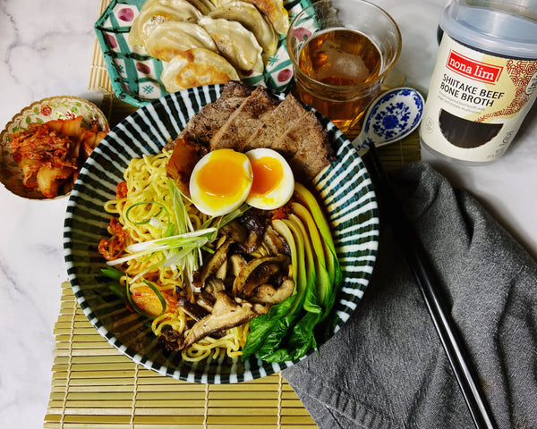 Spicy Korean Ramen with Mushrooms, Kimchi, Beef, Veggies and Nona Lim Shiitake Beef Bone Broth