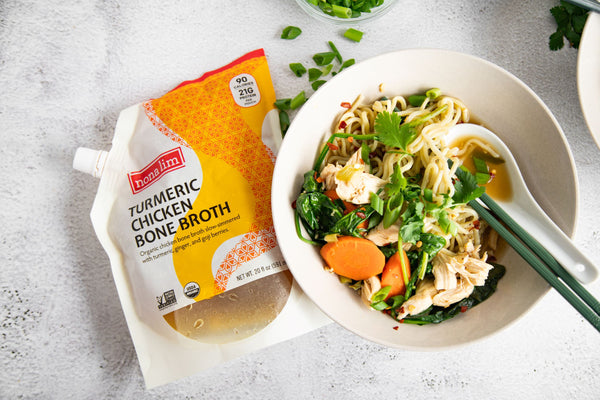 Ginger Turmeric Chicken Ramen Noodle Soup with Nona Lim Turmeric Chicken Bone Broth Pouch 