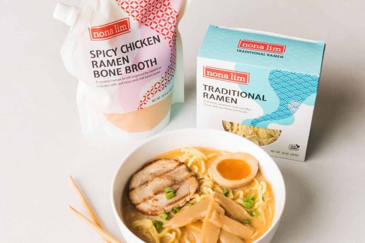 tokyo ramen pack, chicken broth, and bowl of ramen from Nona LIm