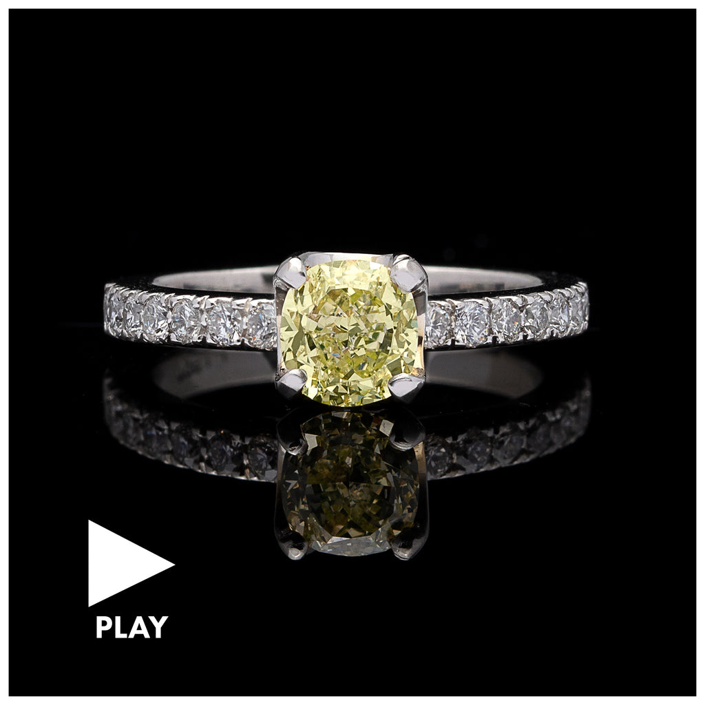 GIA 1.07-ct Fancy Light Greenish Yellow Cushion Diamond Ring