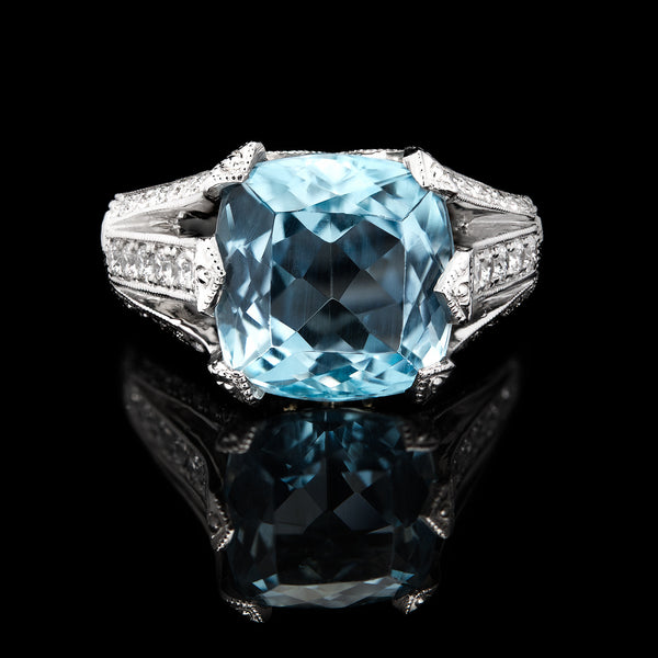 Custom 4.55ct Aquamarine Platinum Ring - 66mint Fine Estate Jewelry