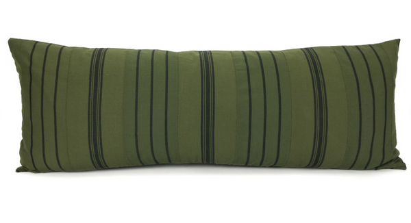 14 x 36 Green & Black Striped Mud Cloth Long Lumbar Pillow - Handwoven in Ghana