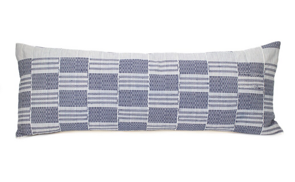 36 x 14 Navy and Ivory Check Long Lumbar Pillow Cover With Embroidery - Vintage African Ewe Tribe Kente Mud Cloth