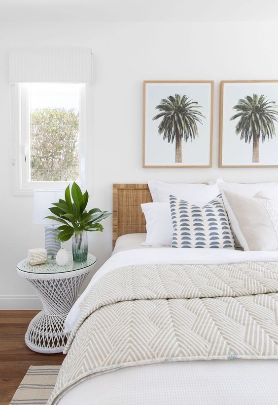 Coastal Bedroom With Palm Tree Artwork