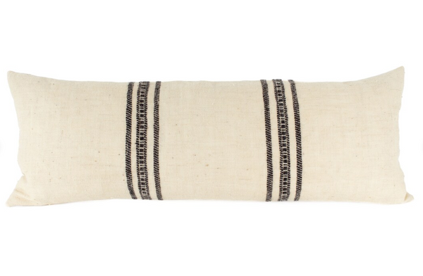 Cream Indian Wool Pillow Cover - Long Lumbar - Ivory & Black Stripe - Bed Pillow