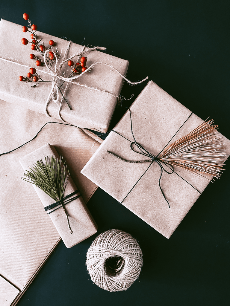 Dried leaves on gift wrapping