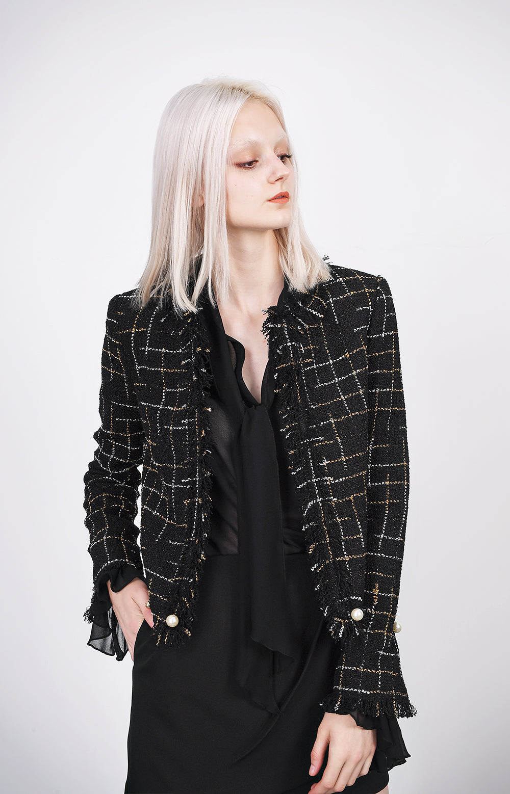 black and white tweed jacket womens