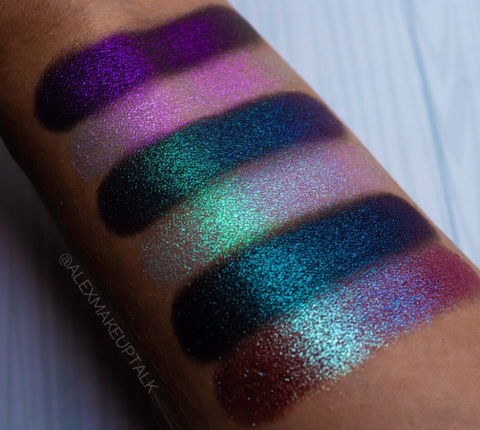 Swatch of purple teal blue over black eyeshadow