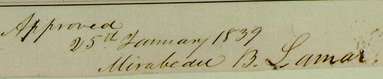 Detail of signature, President Mirabeau Lamar