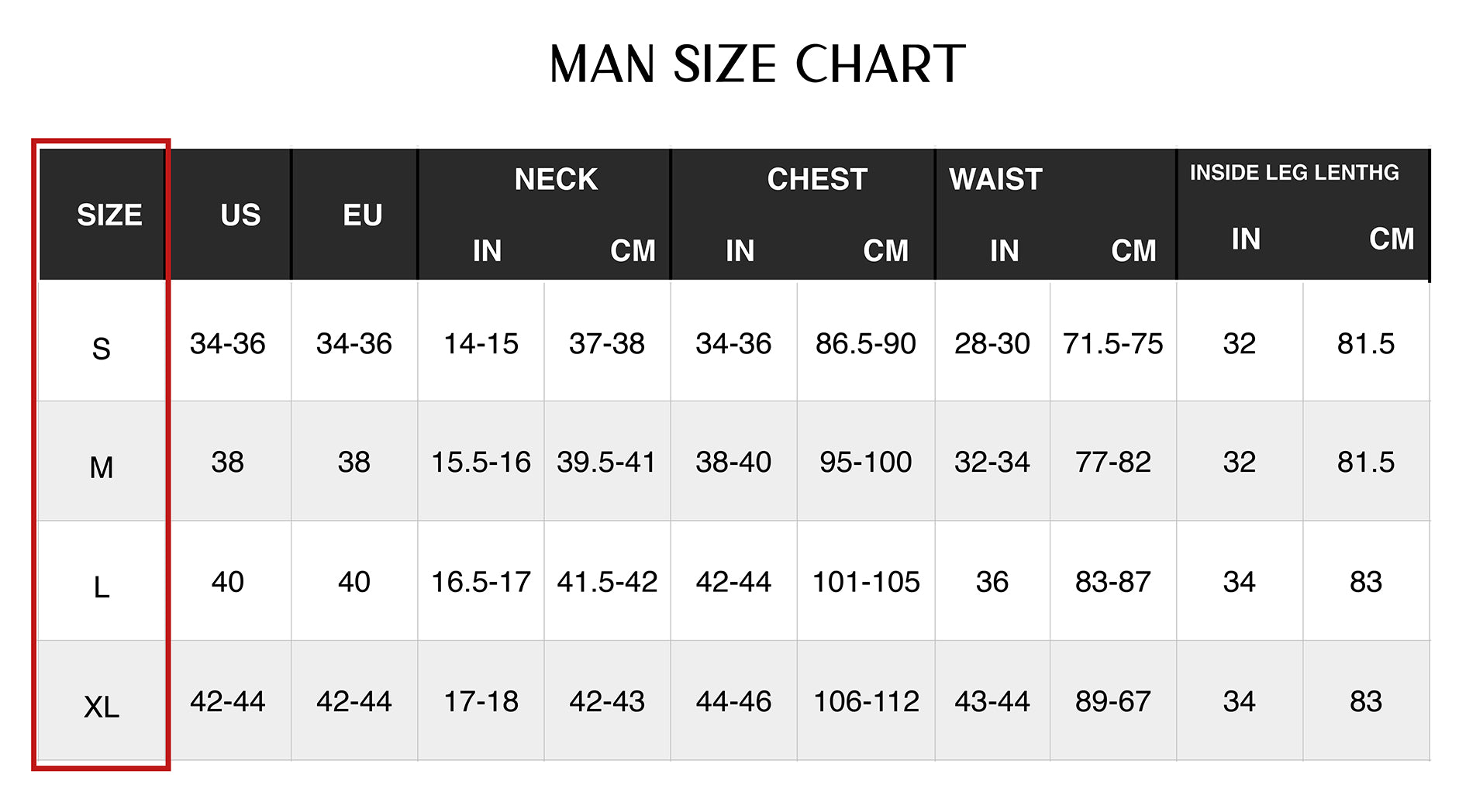 man size chart