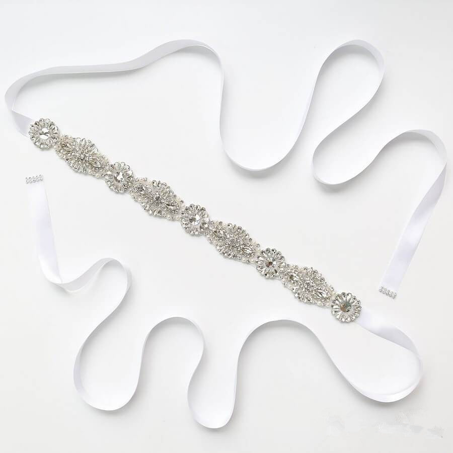 White Crystal Wedding Sashes with Ribbon Shiny Bridal Accessories Belt ...