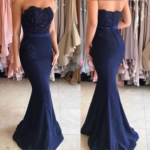 Mermaid Dark Blue Lace Long Prom Dresses Wedding Bridesmaid Dress ...