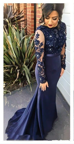 Navy Blue Lace Long Sleeves Mermaid Evening Gowns Prom Dresses LD048 ...