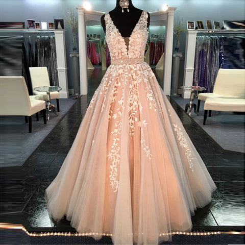 blush pink lace prom dress