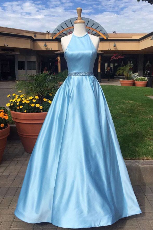 A Line Light Blue Halter Satin Long Prom Dresses Evening Gown Formal D ...