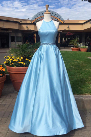 light blue halter prom dress
