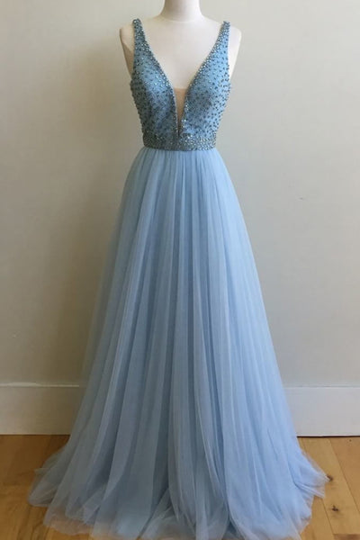 Light Blue Deep V Neck A Line Long Prom Dresses Evening Gowns LD107 ...