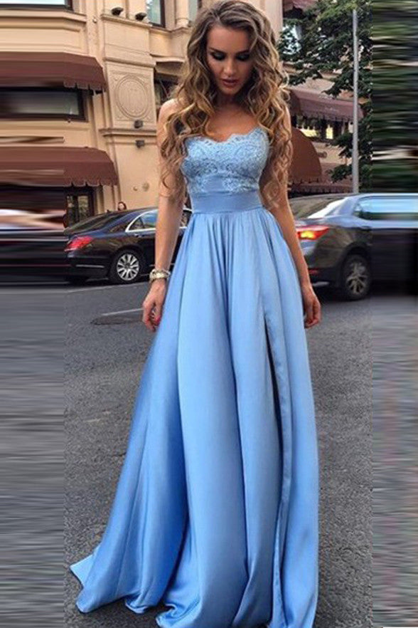 Strapless Light Blue Lace Empire Waist Long Fashion Evening Prom Dress Laurafashionshop 