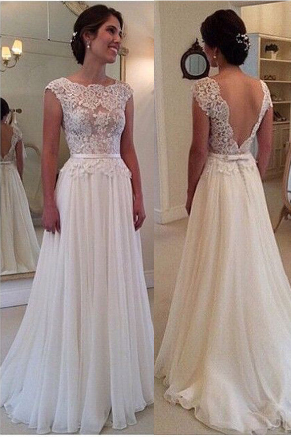 Ivory Lace Chiffon Backless Cap Sleeves Beach Bridal Wedding Dress