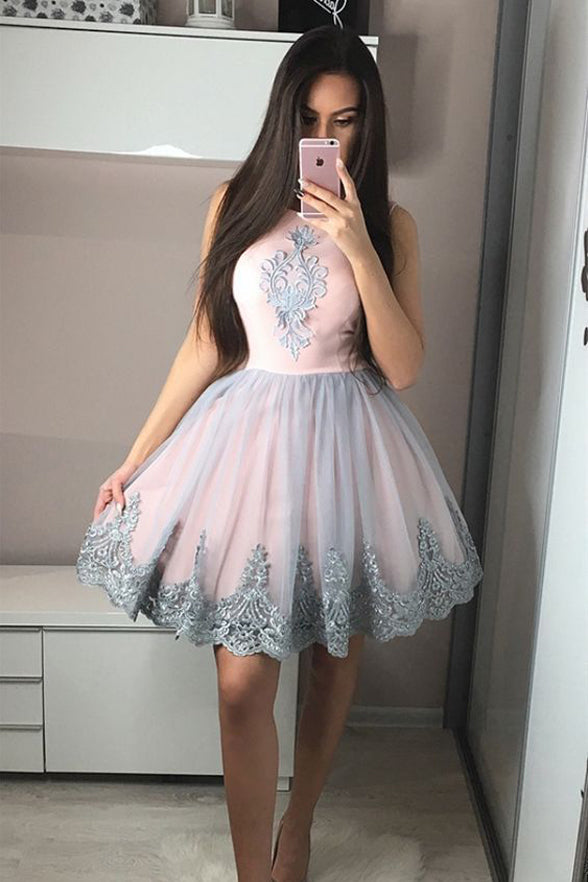A Line Grey Lace Appliques Pink Short Prom Homecoming Dresses ...