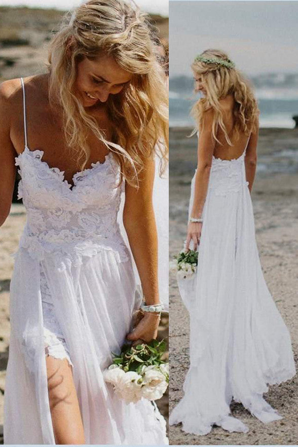 White Lace Spaghetti Straps Slit Backless Beach Bridal Wedding Dress Laurafashionshop 3742