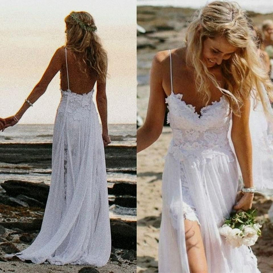 White Lace Spaghetti Straps Slit Backless Beach Bridal Wedding Dress ...