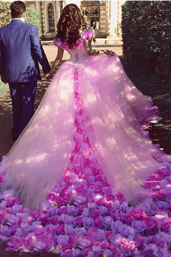 Luxurious Off the Shoulder Ball Gown Hand Flowers Pink Wedding Dresses ...