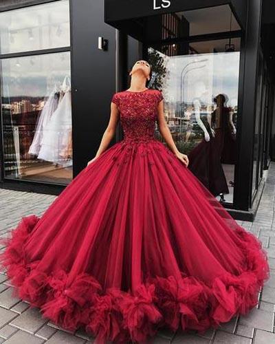 Ball Gown Burgundy Lace Applique Prom Dress Formal Quinceanera Dresses ...