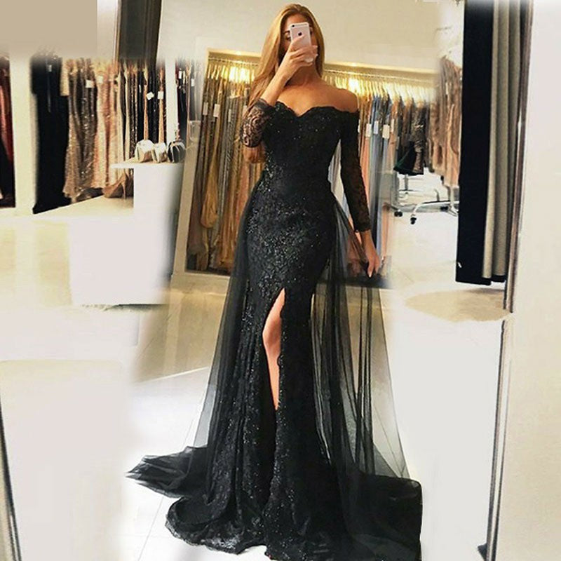 Sexy Black Lace Long Sleeves Mermaid Prom Dress Formal Dresses Gowns ...