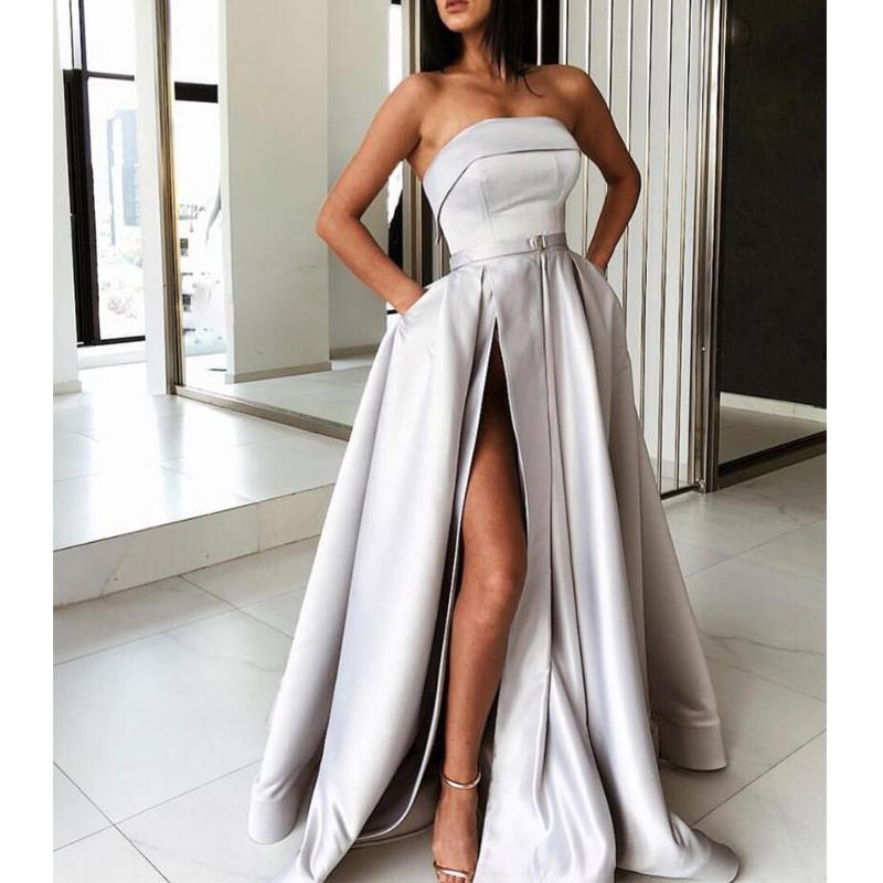 2019 New Grey Strapless Cheap Elegant Slit Prom Dress Formal Dresses ...