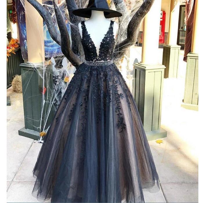 Charming Deep V Neck Black Lace Long Wedding Prom Dresses Formal Dress ...