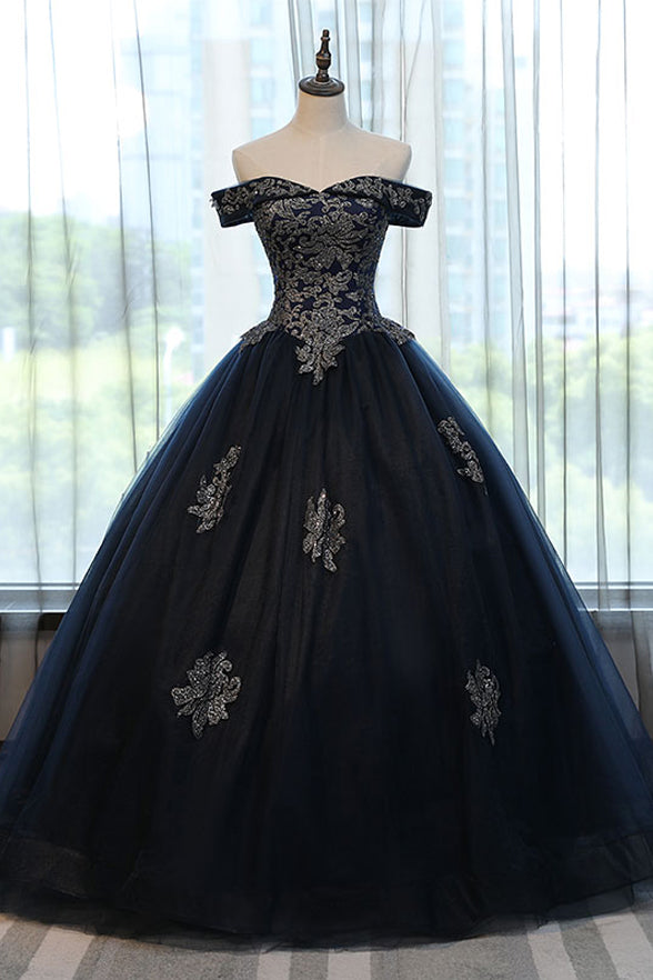 Navy Blue Appliques Ball Gown Prom Dresses Evening Quinceanera Dress ...