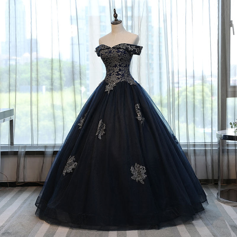 Navy Blue Appliques Ball Gown Prom Dresses Evening Quinceanera Dress ...