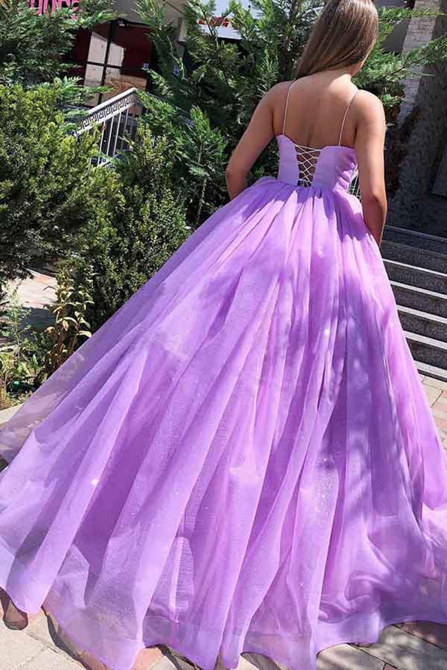 Light Purple Ball Gown Prom Dresses Spaghetti Straps Long