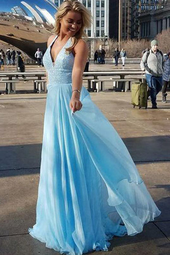 light blue beaded prom dress