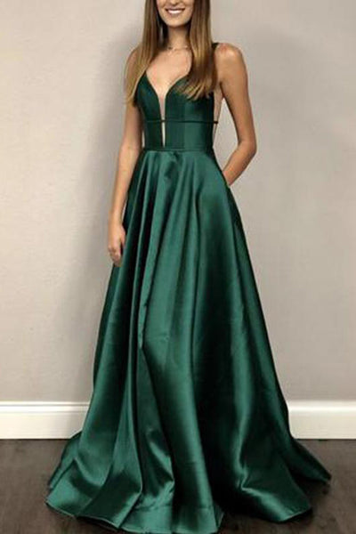Emerald Green V Neck Open Back Elegant Prom Dresses Formal Fancy Dress ...