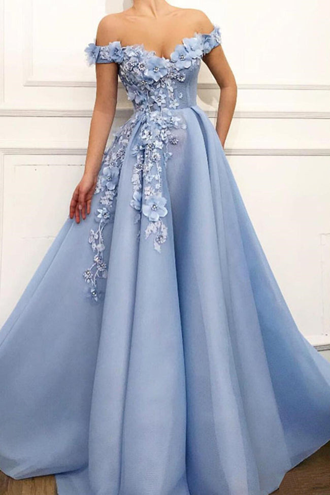 3D Floral Light Blue Long Prom Dresses Formal Evening
