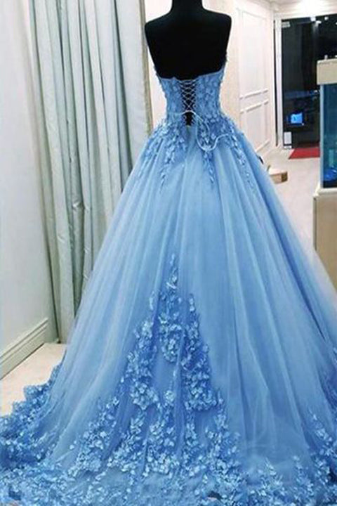 strapless light blue prom dress