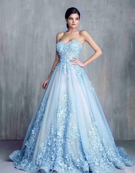 A Line Strapless Light Blue 3D Floral Prom Dresses Formal Evening Gown ...