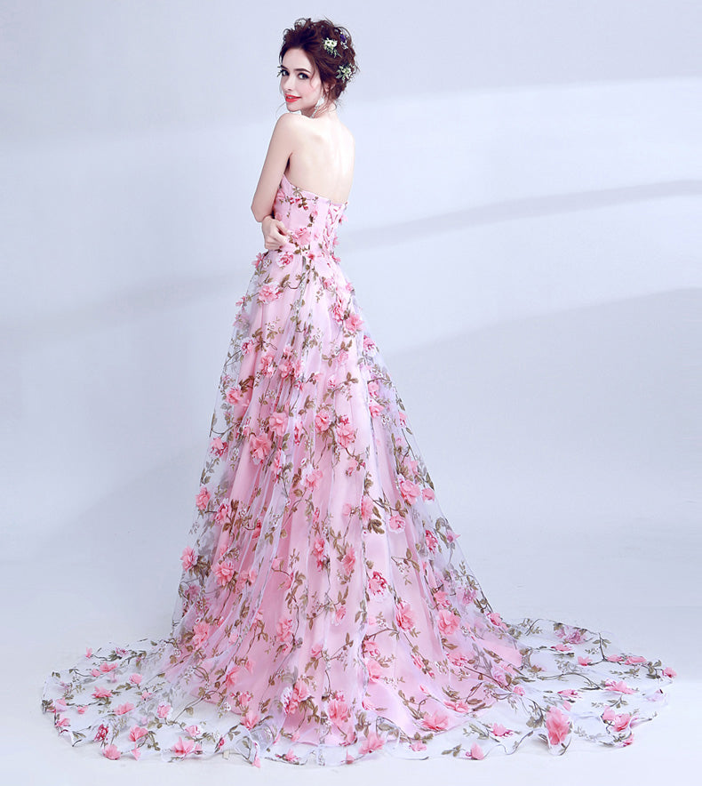 Strapless 3D Floral Pink Prom Dresses Long Formal Evening Grad Dress ...