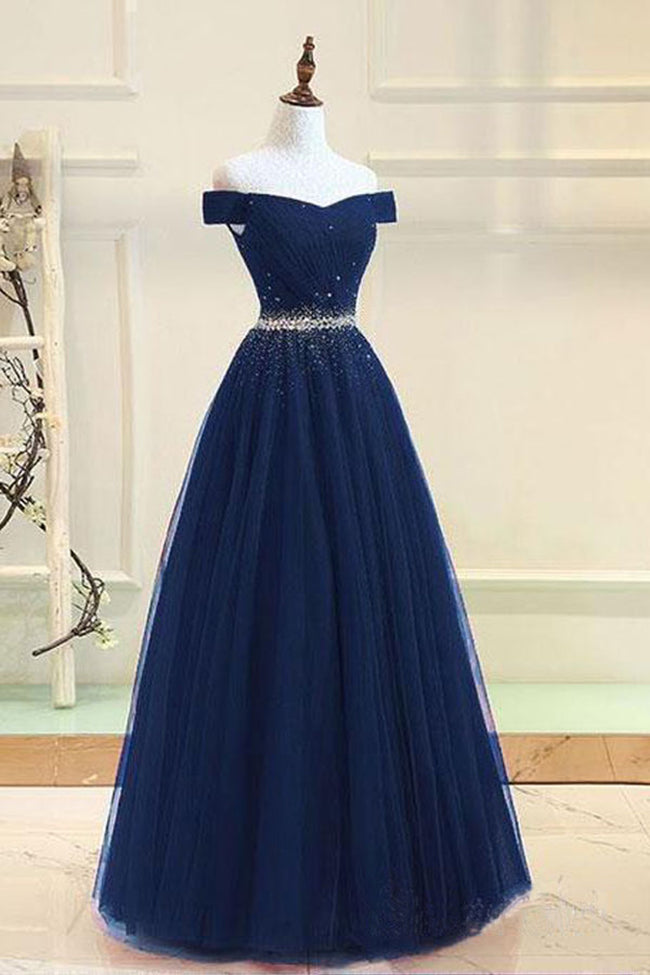 off the shoulder navy blue dress