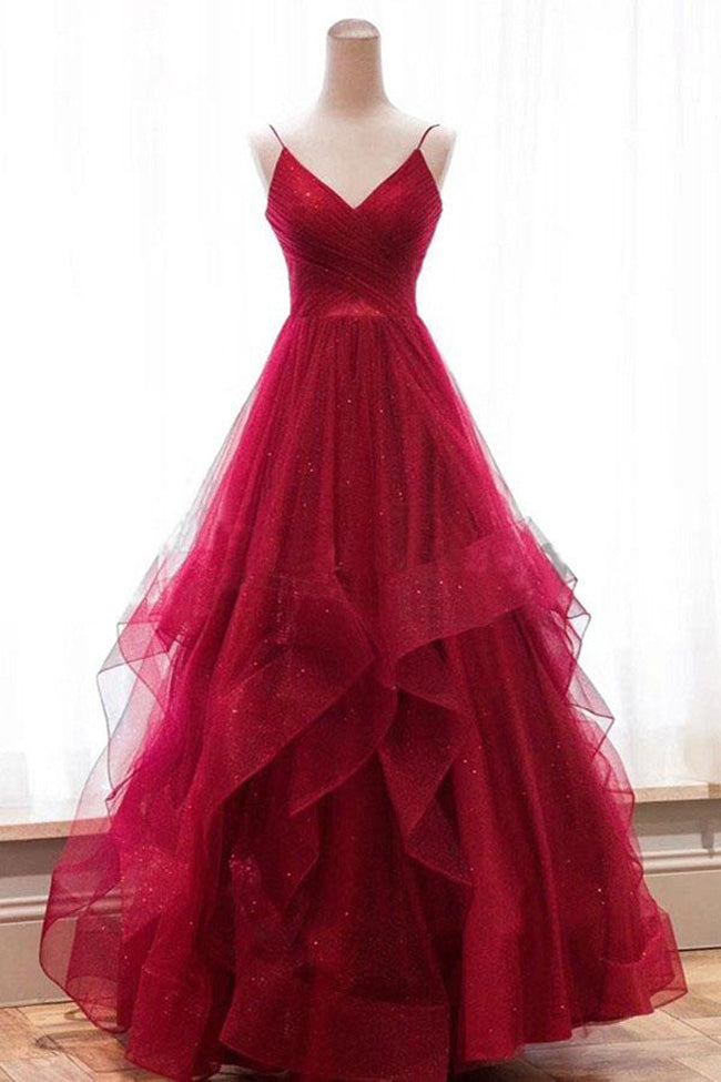 V Neck High Low Red Tulle Tiered Prom Dresses Evening Grad Gown Dress Laurafashionshop 2992