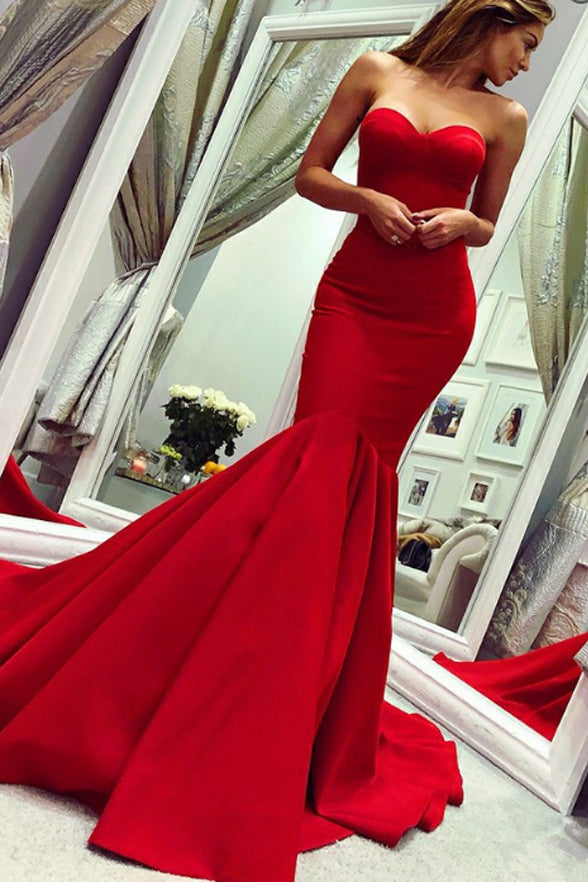 strapless red satin dress