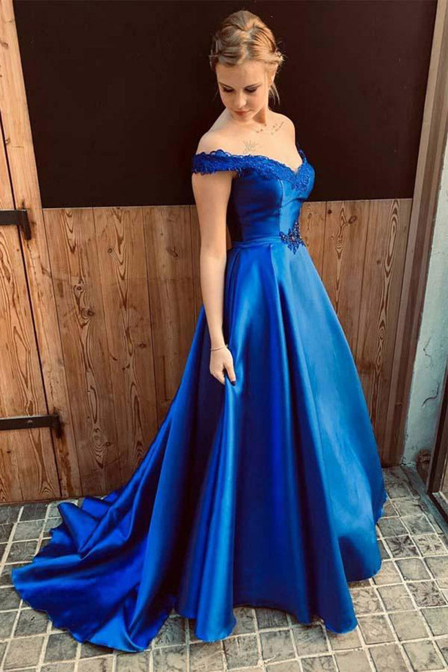 blue satin off the shoulder dress